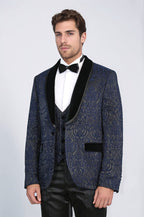 Baroque Patterned Velvet Shawl Collar Vested Navy Blue Tuxedo - Wessi