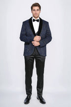 Baroque Patterned Velvet Shawl Collar Vested Navy Blue Tuxedo - Wessi