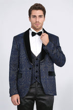 Baroque Patterned Velvet Shawl Collar Vested Navy Blue Tuxedo - Wessi