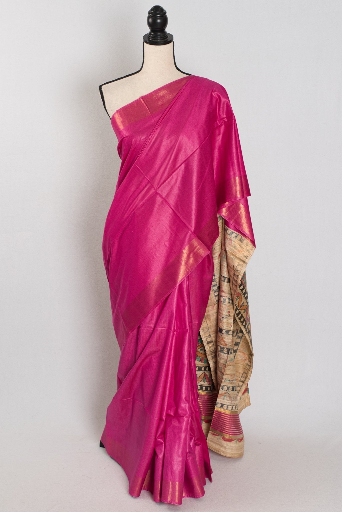 Tithi: Rani Pink Staple Tussar Saree | Hand-Painted Madhubani Pallu
