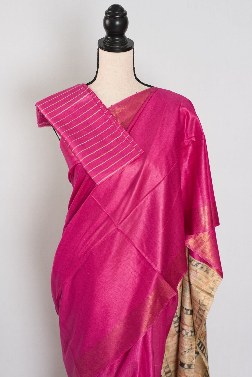 Tithi: Rani Pink Staple Tussar Saree | Hand-Painted Madhubani Pallu