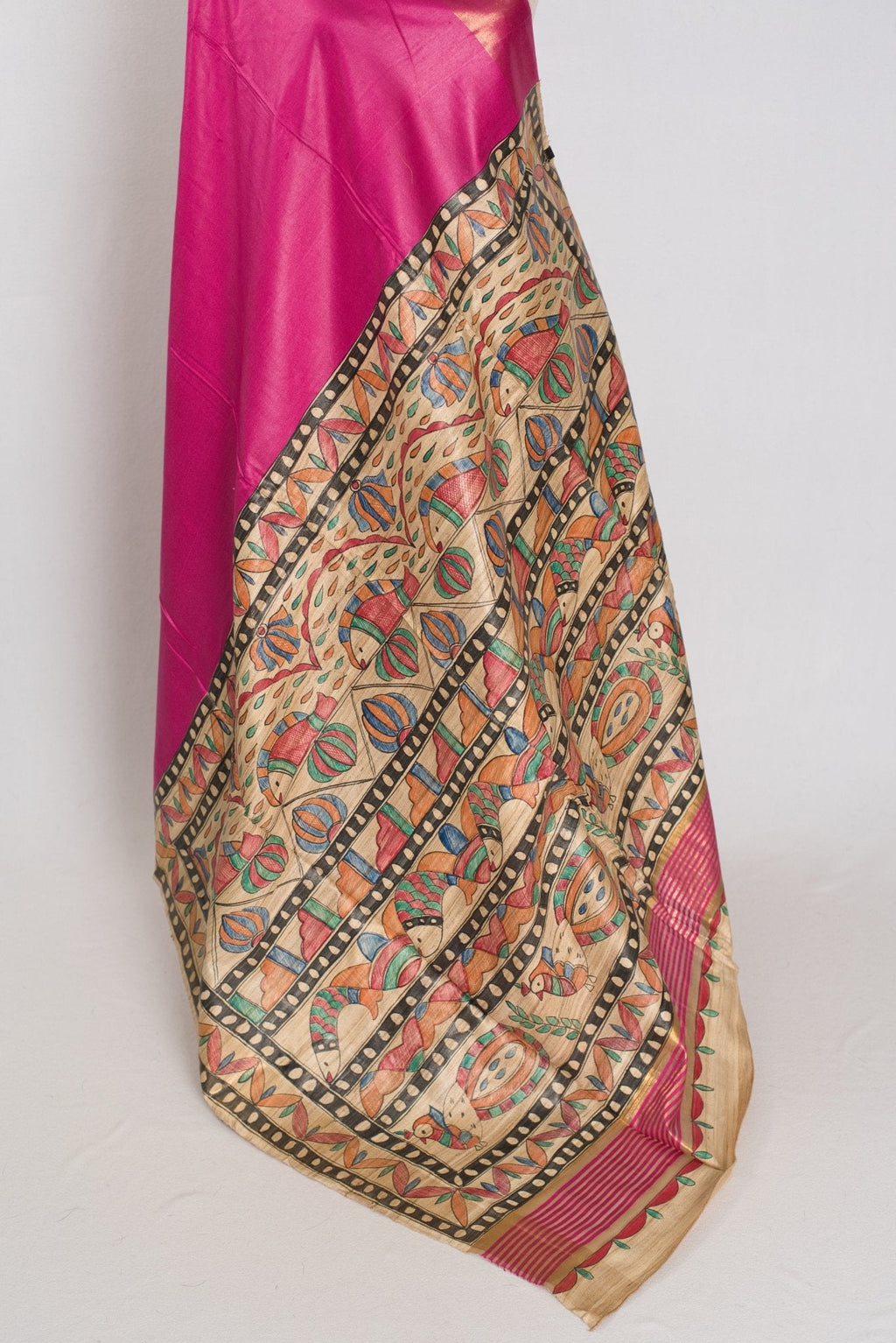 Tithi: Rani Pink Staple Tussar Saree | Hand-Painted Madhubani Pallu