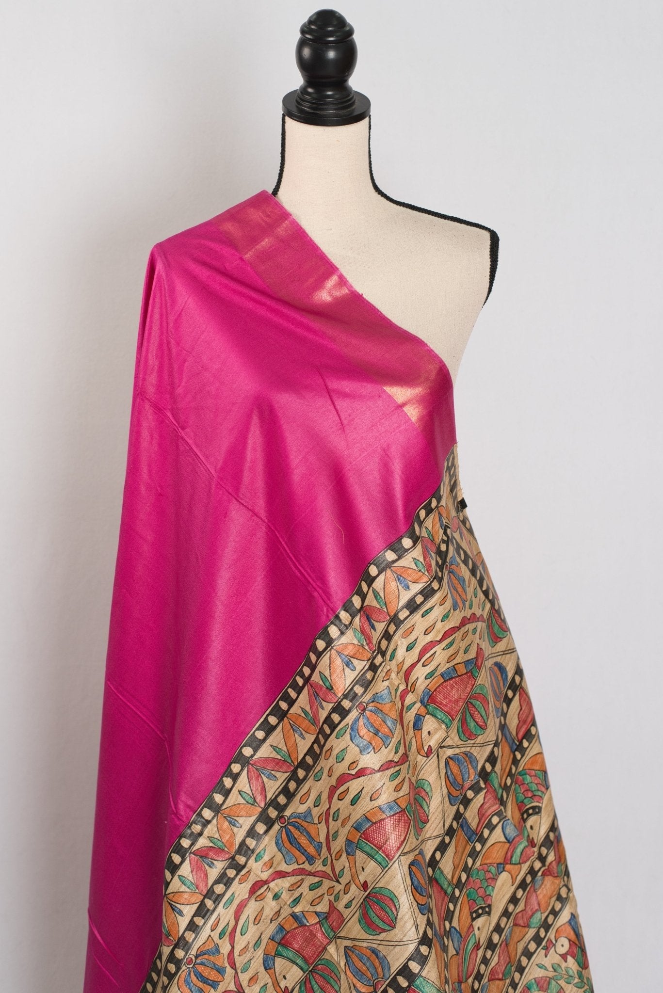 Tithi: Rani Pink Staple Tussar Saree | Hand-Painted Madhubani Pallu