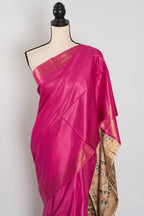 Tithi: Rani Pink Staple Tussar Saree | Hand-Painted Madhubani Pallu