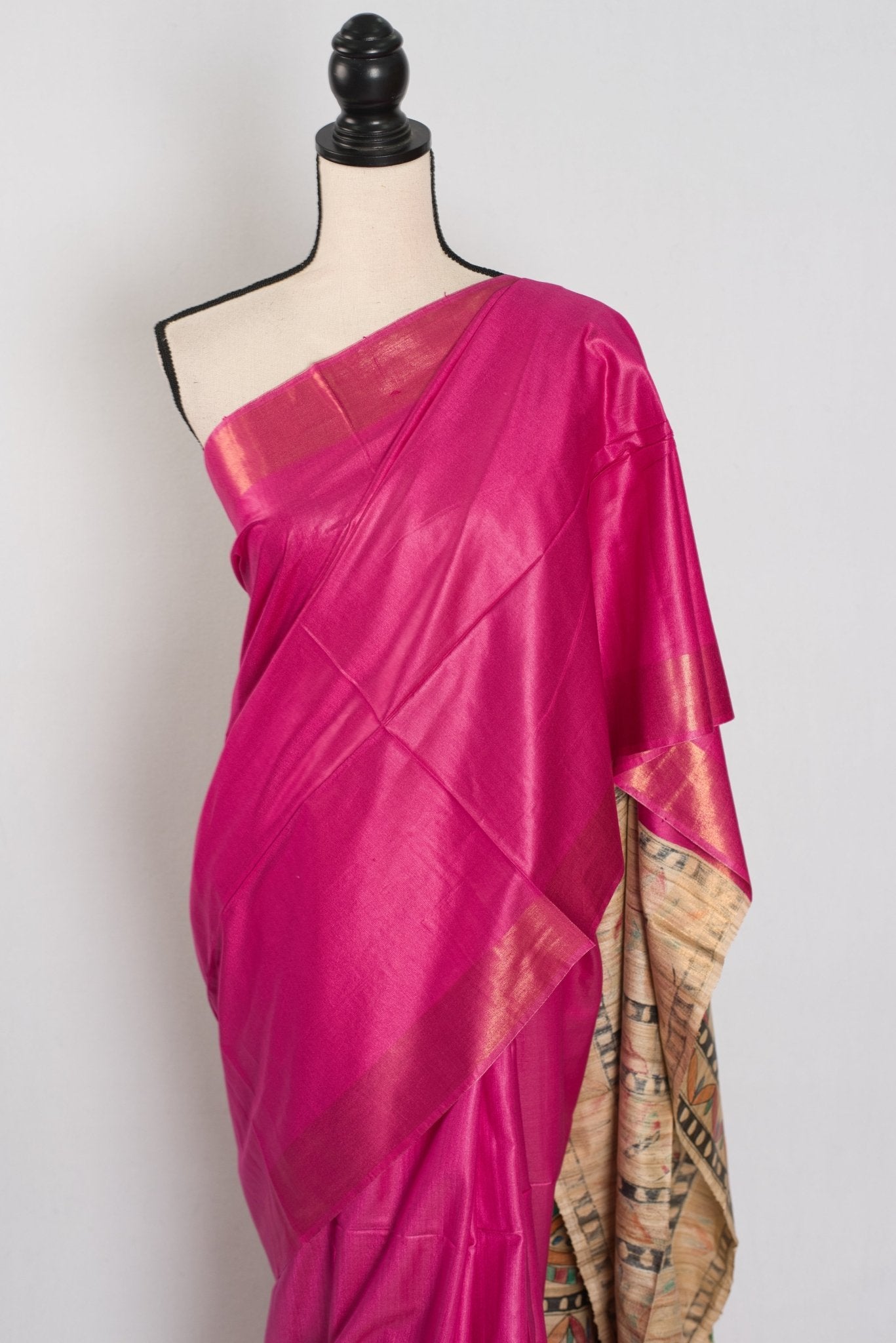 Tithi: Rani Pink Staple Tussar Saree | Hand-Painted Madhubani Pallu
