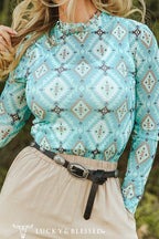 Turquoise Aztec Printed Long Sleeve Mesh Tops