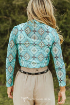 Turquoise Aztec Printed Long Sleeve Mesh Tops