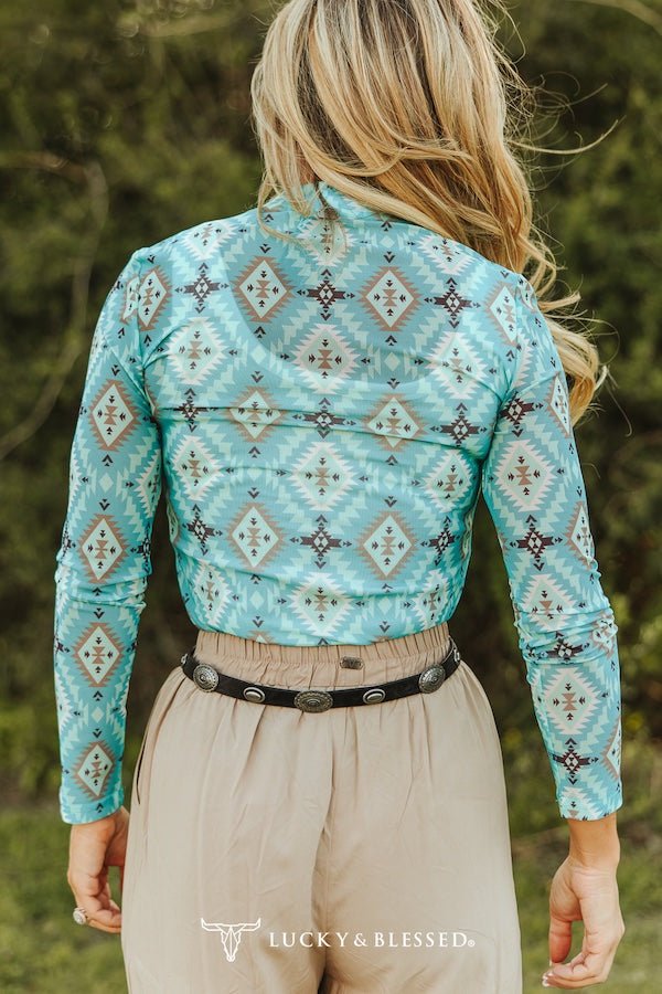 Turquoise Aztec Printed Long Sleeve Mesh Tops