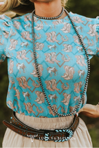 Turquoise Boots Printed Puff Short Sleeve Top