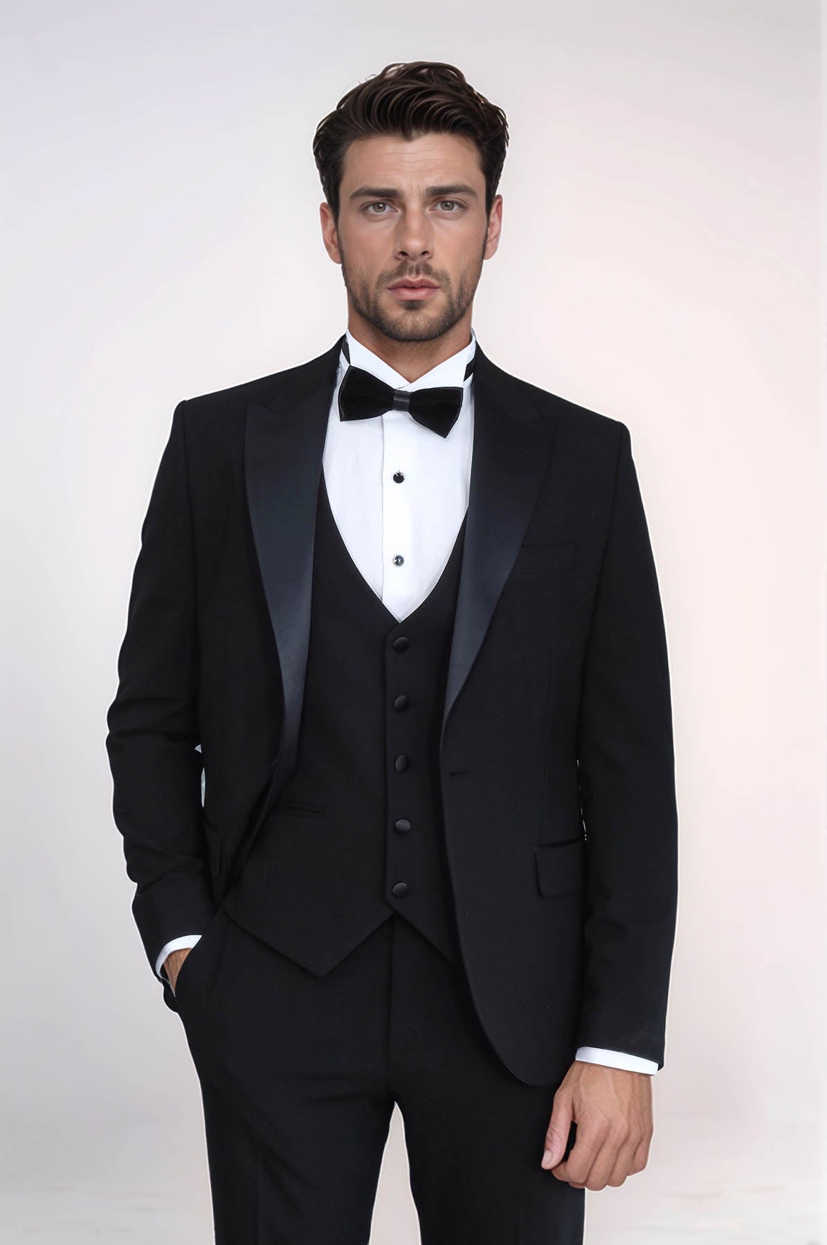 Classic Black Tuxedo Suit with Satin Peak Lapel and Waistcoat – Wessi