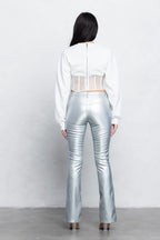 V-Cut Pleather Boot-Cut Pants | Low Rise Trendy Zipper Detail Pants