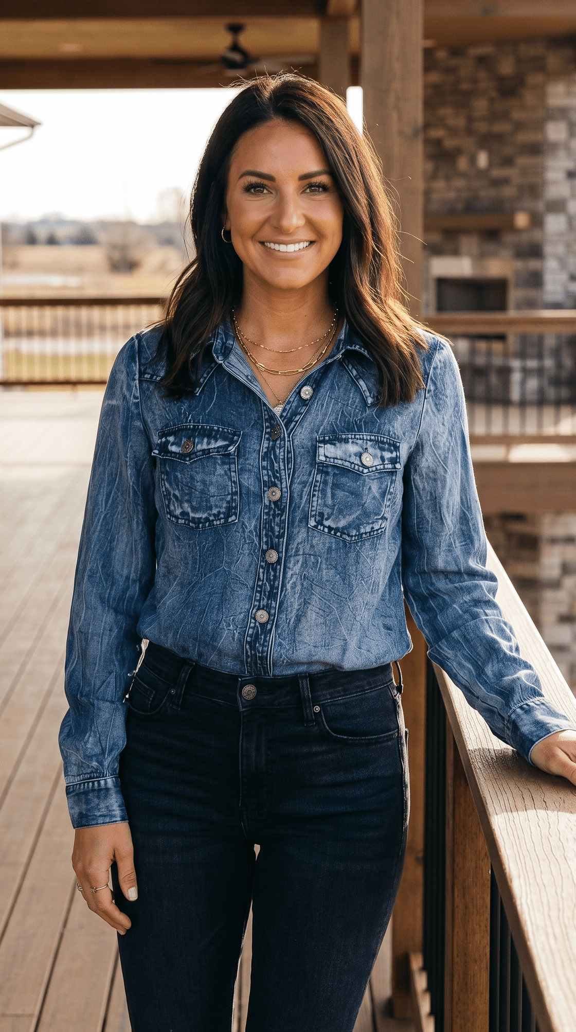 Vintage Blue Washed Western Denim Shirt – Concho Button Tencel Top