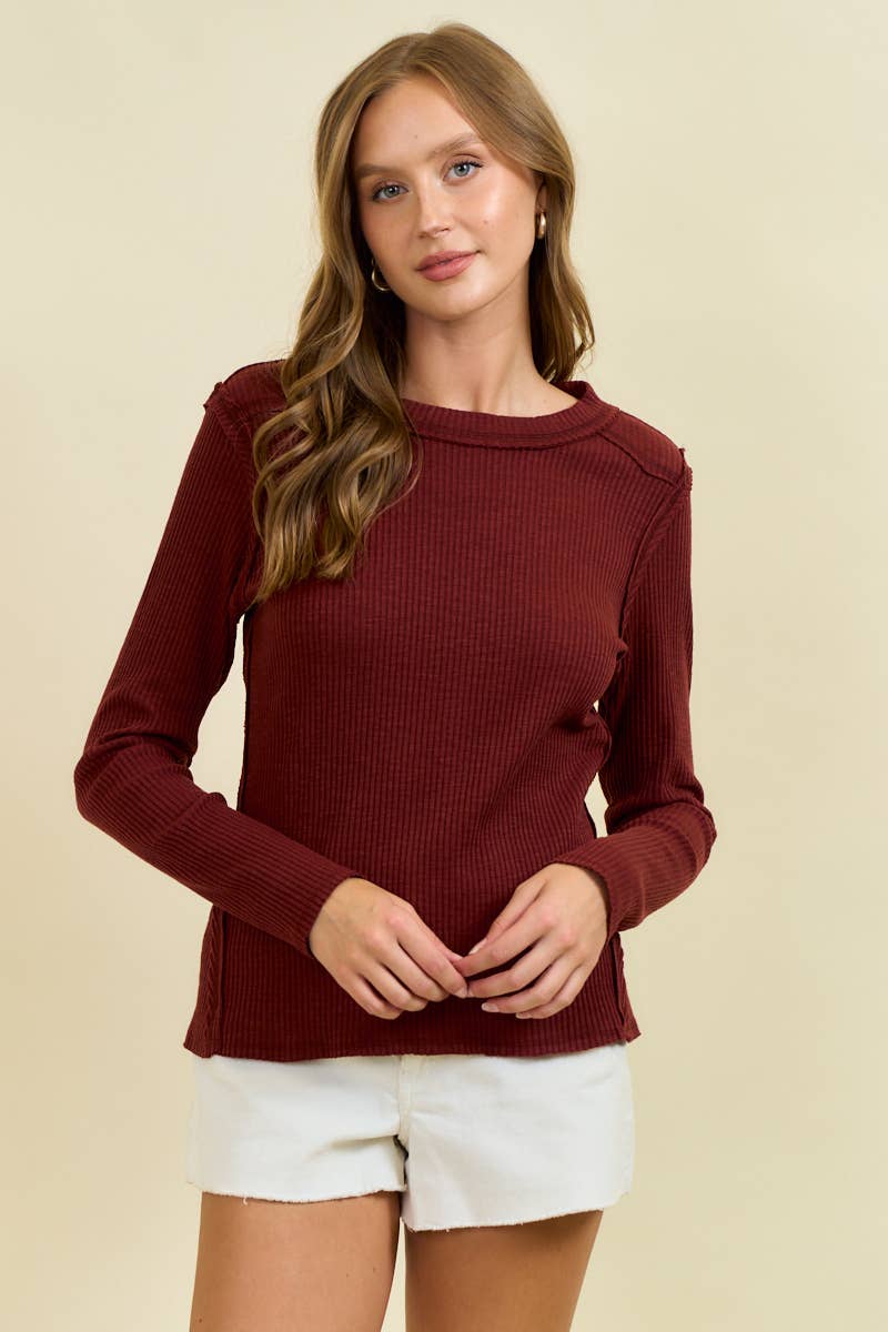 Western Yoke Ribbed Long sleeved Tee - Cinnamon or Acorn