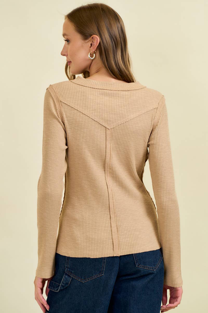 Western Yoke Ribbed Long sleeved Tee - Cinnamon or Acorn
