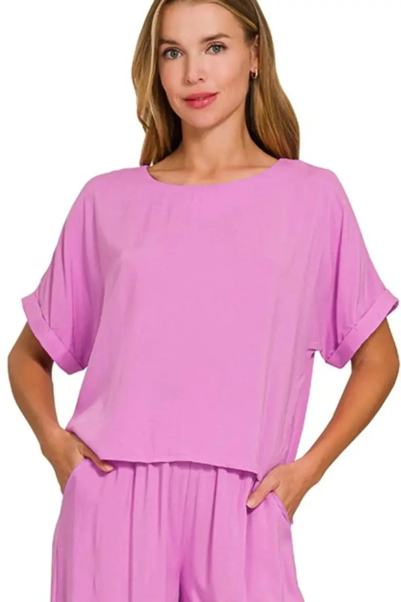 Women's Loungewear Set - Soft & Comfy - Round Neck Tee & Wide Leg Pants